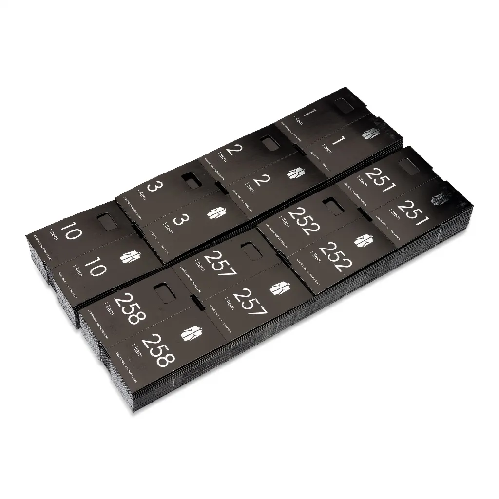 Luxury paper cloakroom tags, black with silver print, 1-500