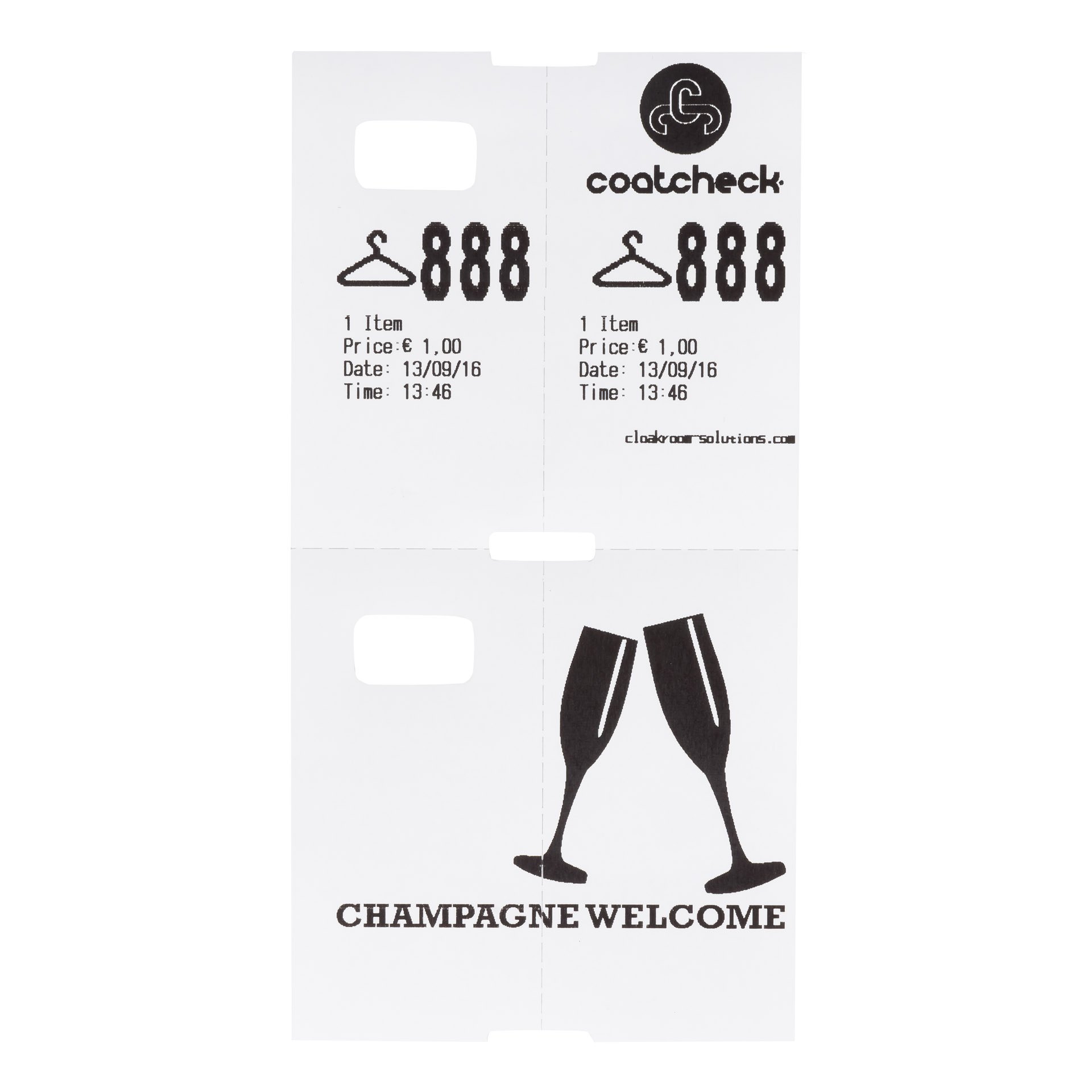 CoatCheck wardrobe tickets, white with voucher