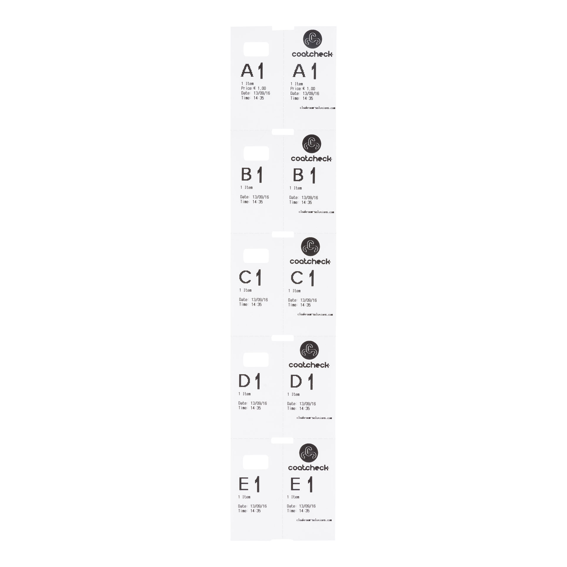 CoatCheck wardrobe tickets, 14 rolls of 325 tickets, white
